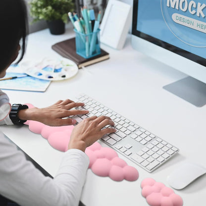 Ergonomic Keyboard Wrist Rest, PU Leather Memory Foam Cloud Wrist Rest for Computer Keyboard, Mouse Wrist Rest and Keyboard Pad for Gaming, Office, Computer, Laptop, Typing Pain Relief, Pastel Pink