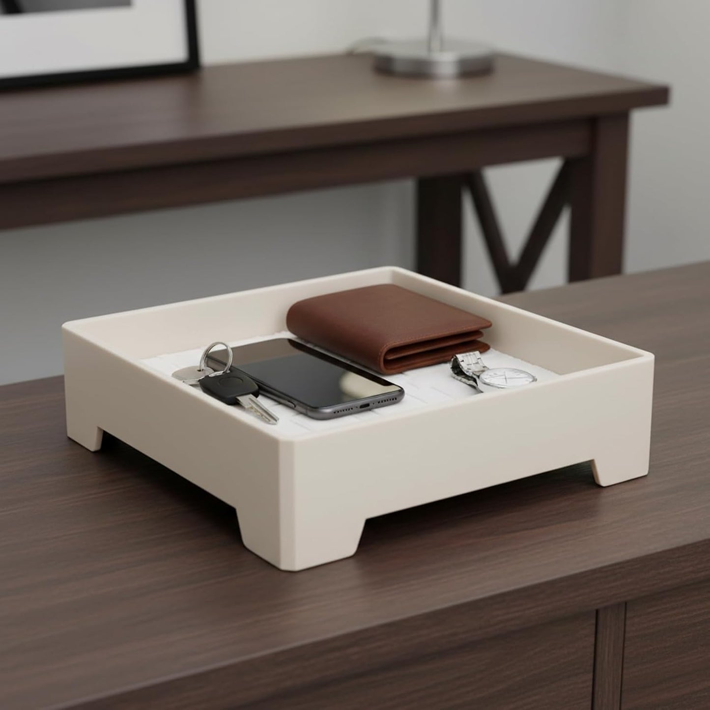 Square Vanity Tray with Cushion, 8" x 8" Desktop Organizer, Valet Tray for Jewelry, Perfume, Keys, Eyewear, Nightstand Catchall Tray for Dresser, Entryway, Living Room, Beige