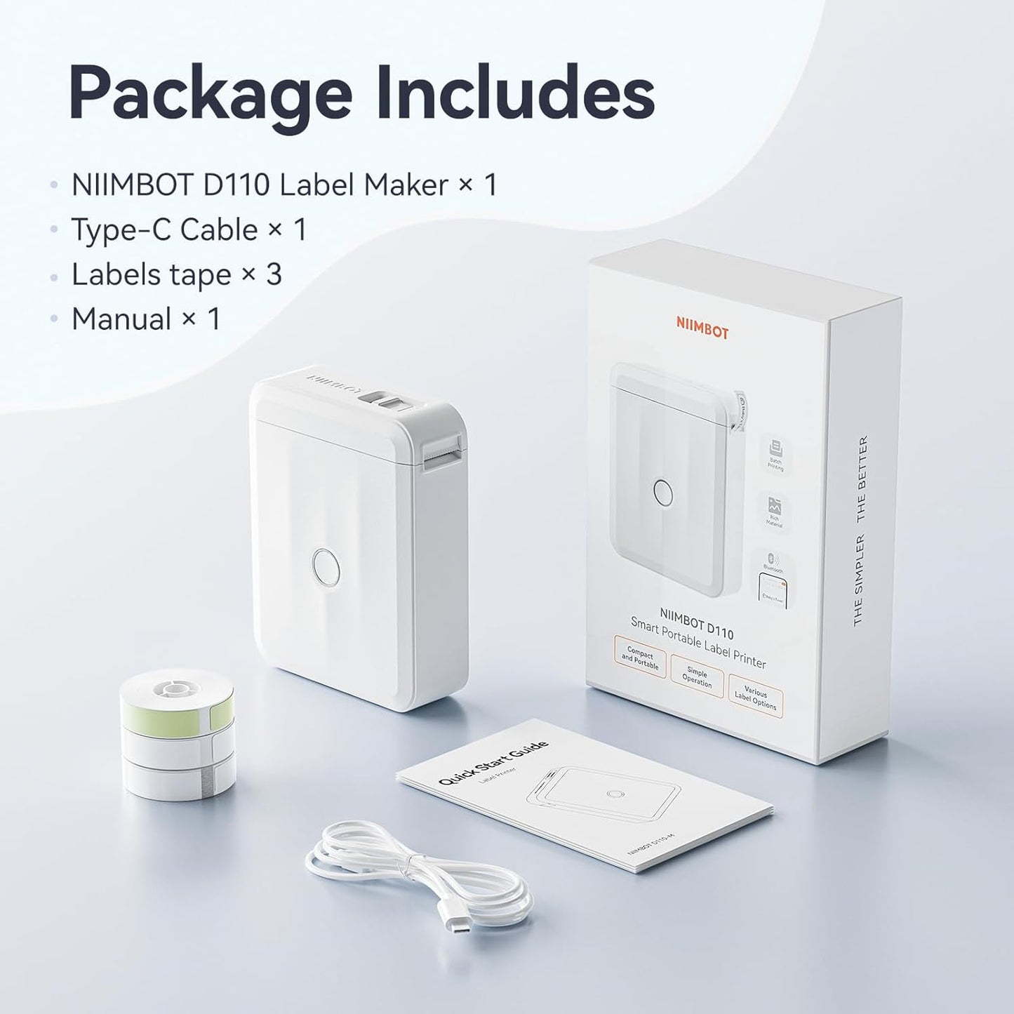 NIIMBOT D110 Upgraded Version Mini Label Maker Machine with Tape, Portable Bluetooth Thermal Printer, Sticker Labeler with Multiple Templates for Office Organization Home Kitchen School, White