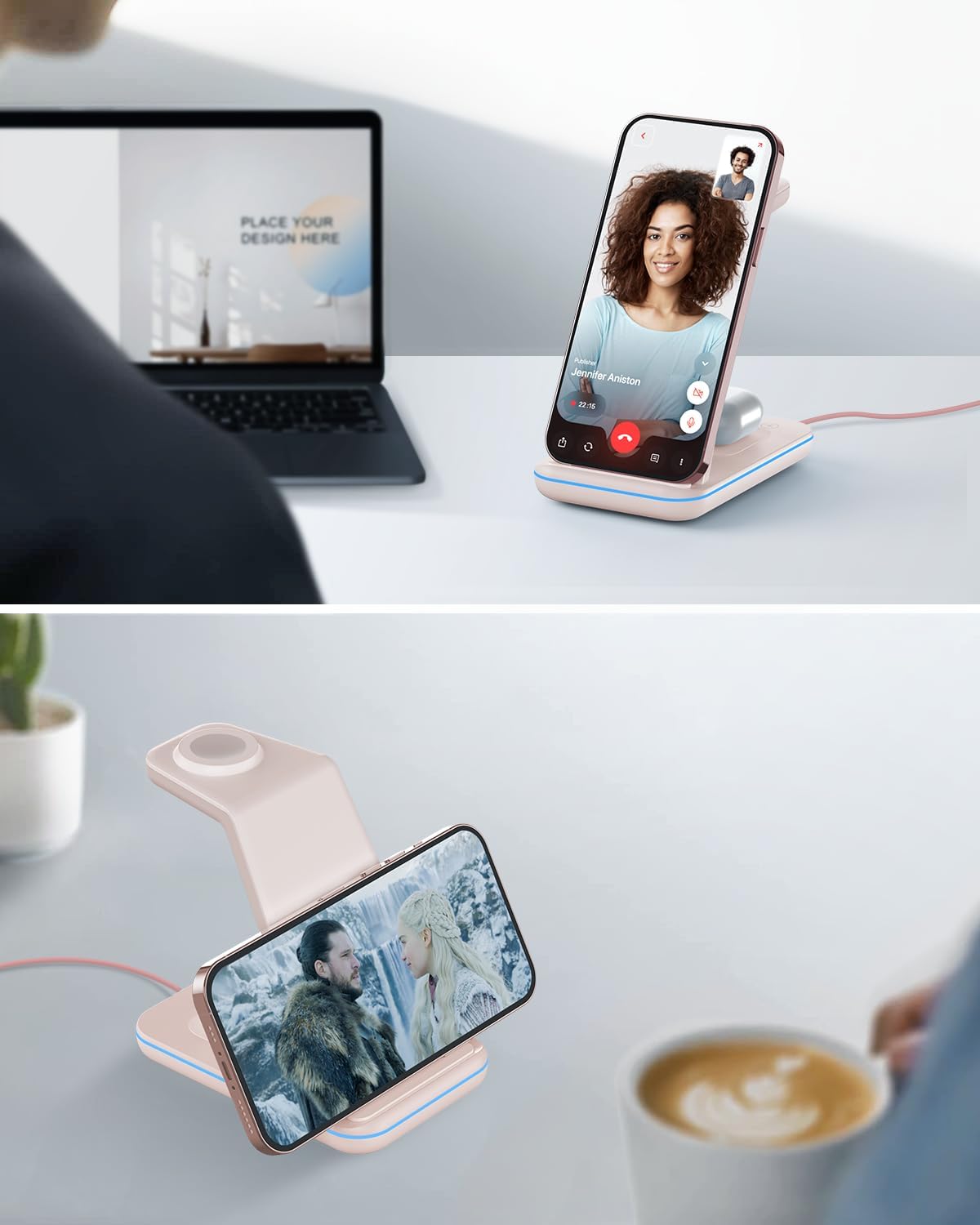 Charging Station for iPhone and Apple Watch: 3 in 1 Wireless Phone Charger Stand for iPhone 17 16 15 14 13 12 11 Pro Max & AirPods, Bedside Nightstand Docking