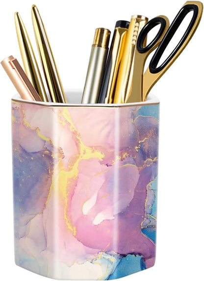 WAVEYU Ceramic Pen Holder for Desk Cute, Pencil Cup Pot Desk Organizer, Makeup Brush Holder for Women, Men, Kids, Desk Marble Decor for Office, Classroom, Home, Gray Golden