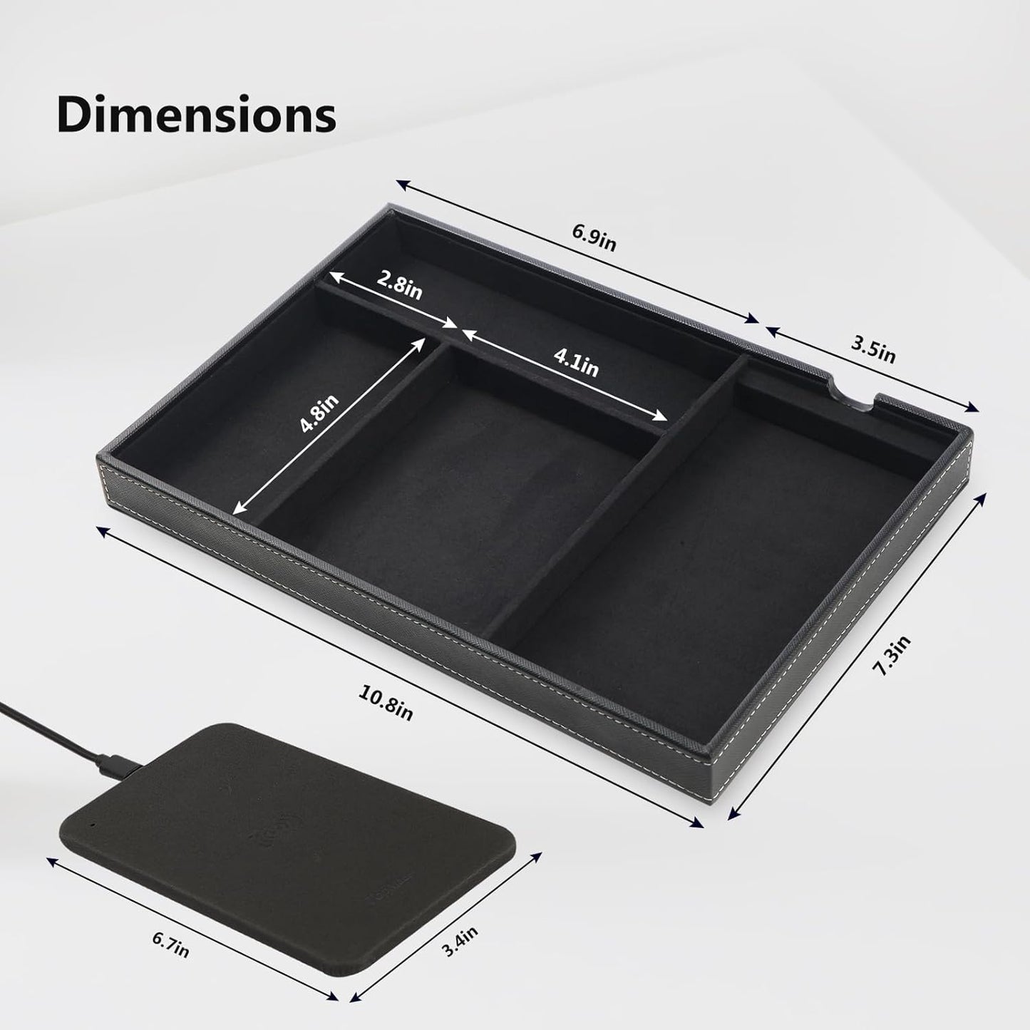 TopMade Valet Tray with Wireless Charging Pad Nightstand Organizer, Leather Desktop Storage Dresser Organizer Charging Station, Jewelry Box Catchall Bedside Vanity Tray for Men Women(Brown)