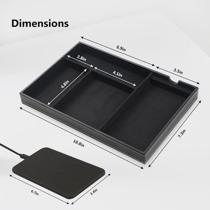 TopMade Valet Tray with Wireless Charging Pad Nightstand Organizer, Leather Desktop Storage Dresser Organizer Charging Station, Jewelry Box Catchall Bedside Vanity Tray for Men Women(Brown)
