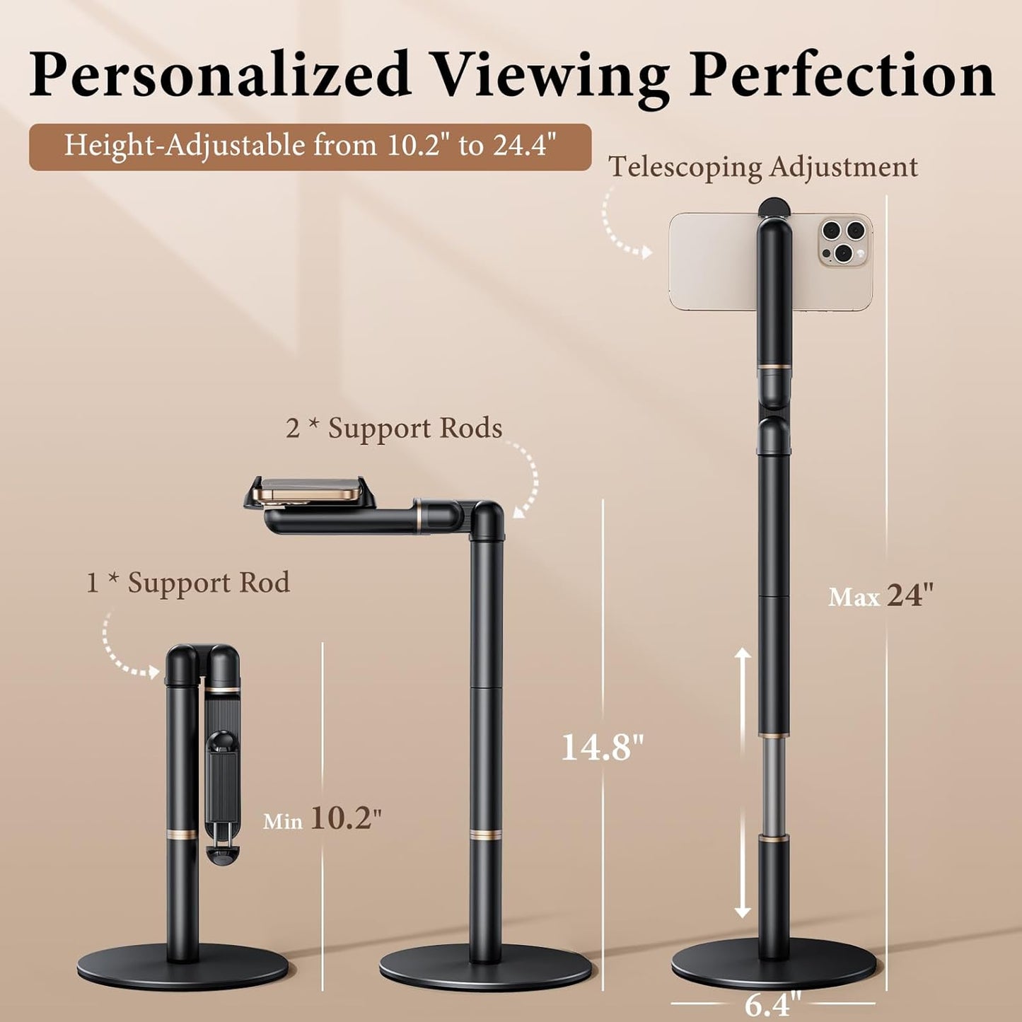 Height/Angle Adjustable Phone Holder, 10"-25" Retractable Tall Phone Stand for Desk,720°Rotatable+180flip Phone Holder Stand for Video Calls Kitchen Table Office Etc -Clip Type