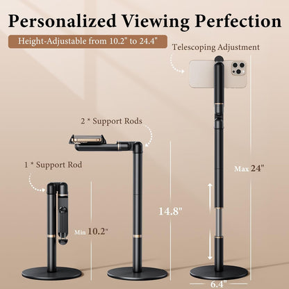 Height/Angle Adjustable Phone Holder, 10"-25" Retractable Tall Phone Stand for Desk,720°Rotatable+180flip Phone Holder Stand for Video Calls Kitchen Table Office Etc -Clip Type