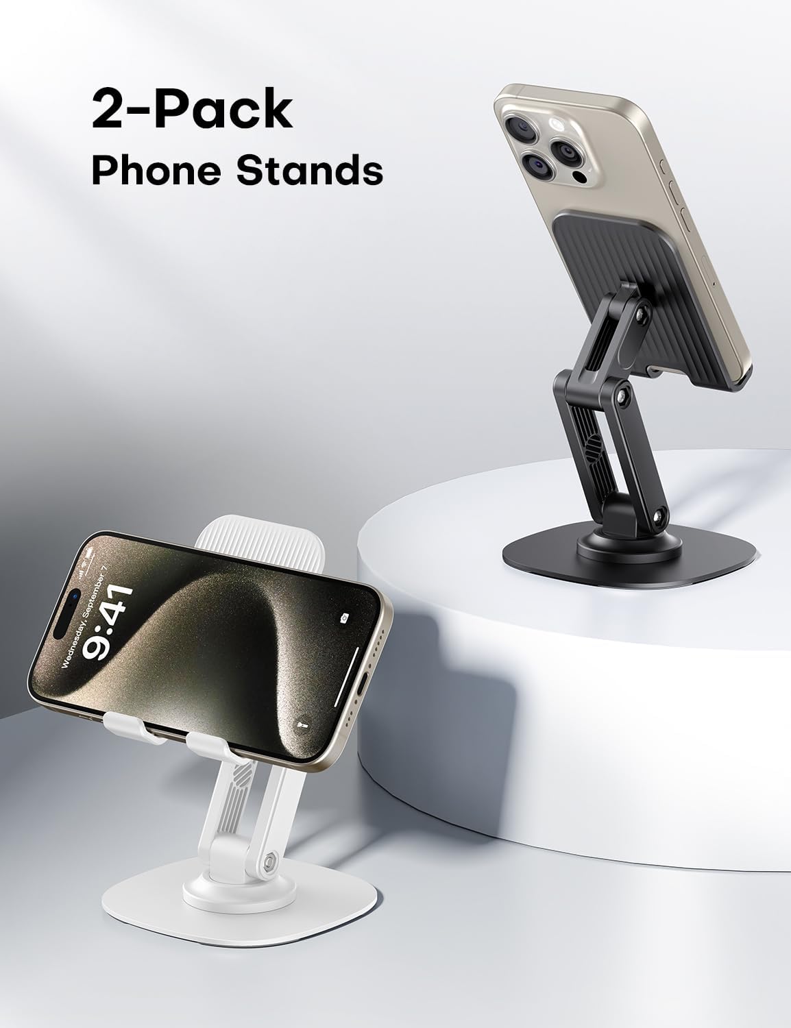OMOTON Cell Phone Stand for Desk, 2 Pack Adjustable Foldable Phone Holder, 360 Swivel Mobile Stand Fit for iPhone 17 16 15 14 13 Pro Max and All Smart Phones, Black & White