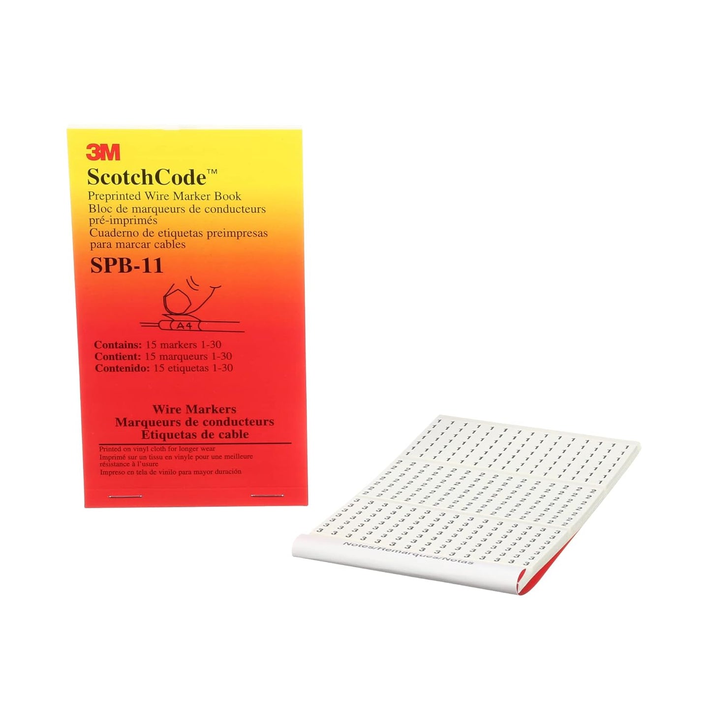 3M ScotchCode Pre-Printed Wire Marker Book SPB-03, Vinyl Coated, Black Printed Numbers (10) each 1–45, White Background Highlights Characters, 1 Book