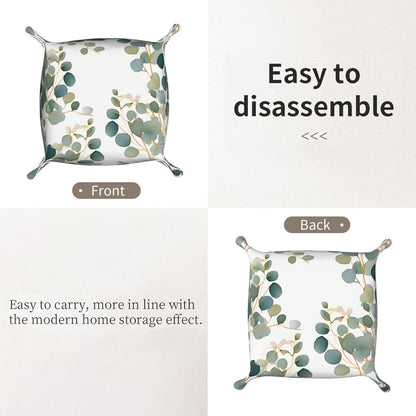 Valet Tray Catchall Trays Green Leaves Key Organizer Leather Tray Night Stand Organizer Bedside Vanity Trays Decor for Entryway Table
