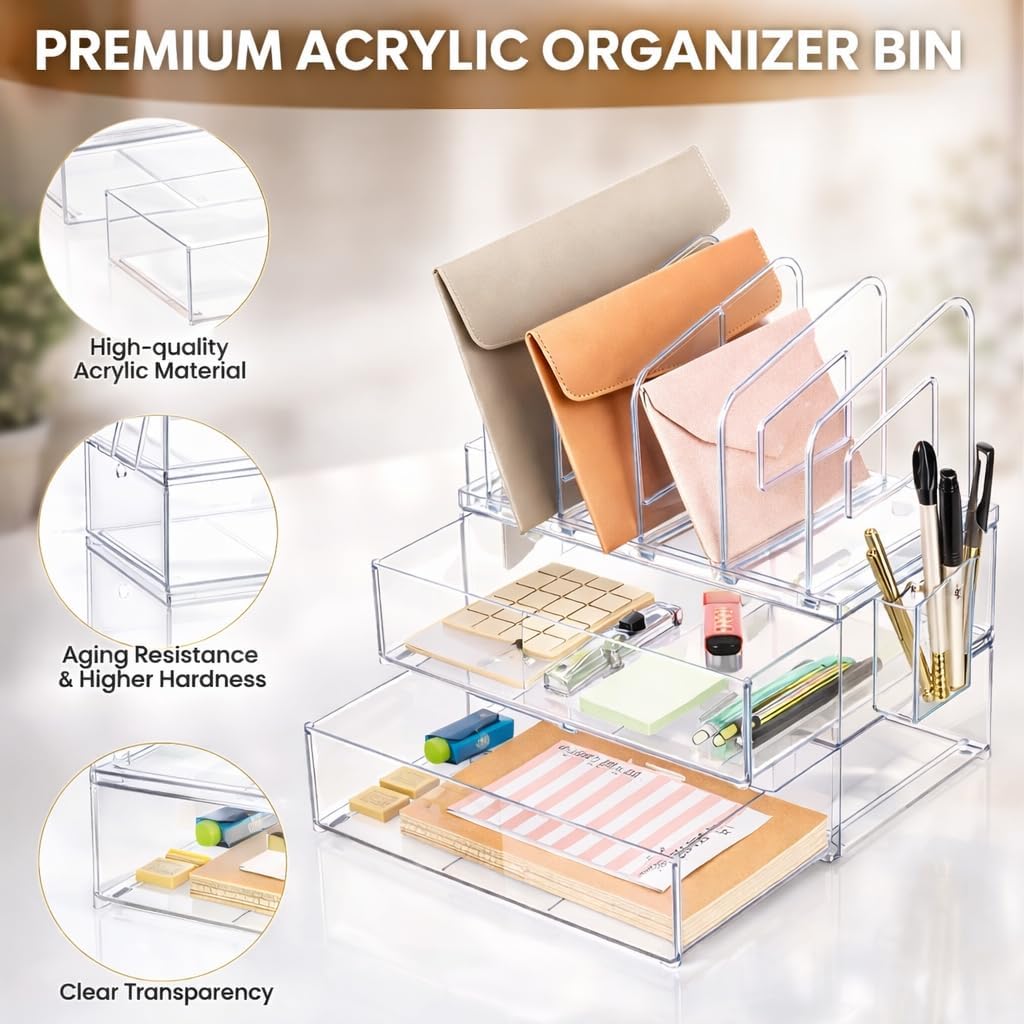 LALOBLUE Acrylic Desk Organizer with Drawer and Vertical File Holder, Desk Organizers and Accessories, Multi-Functional Office Supplies Organizer for Home or Work Desk, White