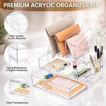 LALOBLUE Acrylic Desk Organizer with Drawer and Vertical File Holder, Desk Organizers and Accessories, Multi-Functional Office Supplies Organizer for Home or Work Desk, White