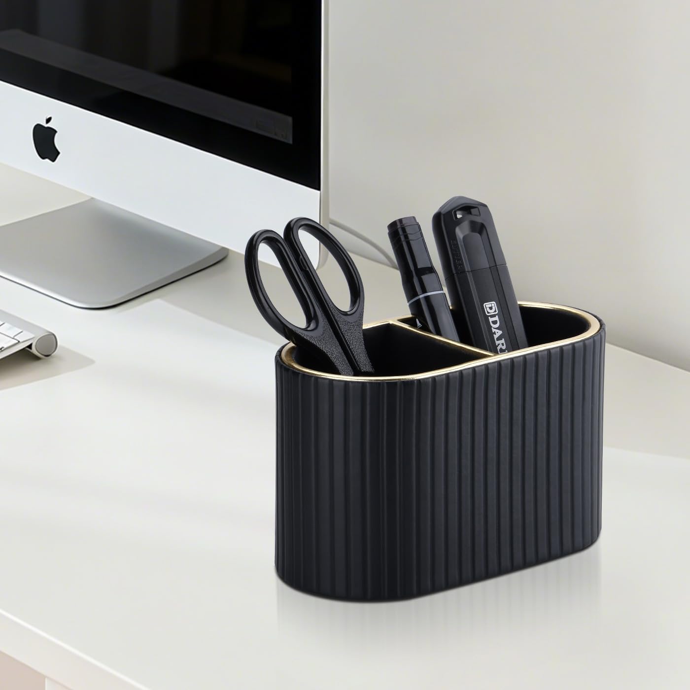 KINGFOM PU Leather Desk Organizer Pen Holder – Dual-Compartment Stylish Pencil Cup Remote Control Holder Desktop Supplies and Accessories Organizer Caddy for Office Home School (Light Beige)