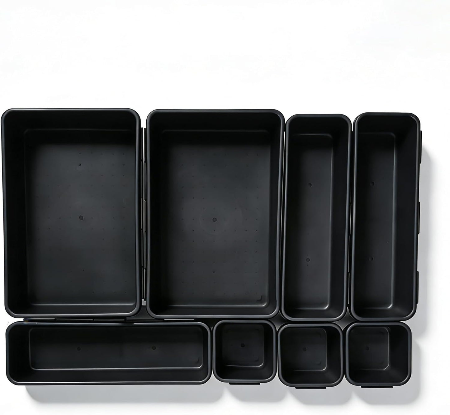 U-KIME 8-Piece Interlocking Drawer Organizer Trays, Black Plastic Modular Storage Bins for Kitchen, Bathroom, Office & Desk Drawers