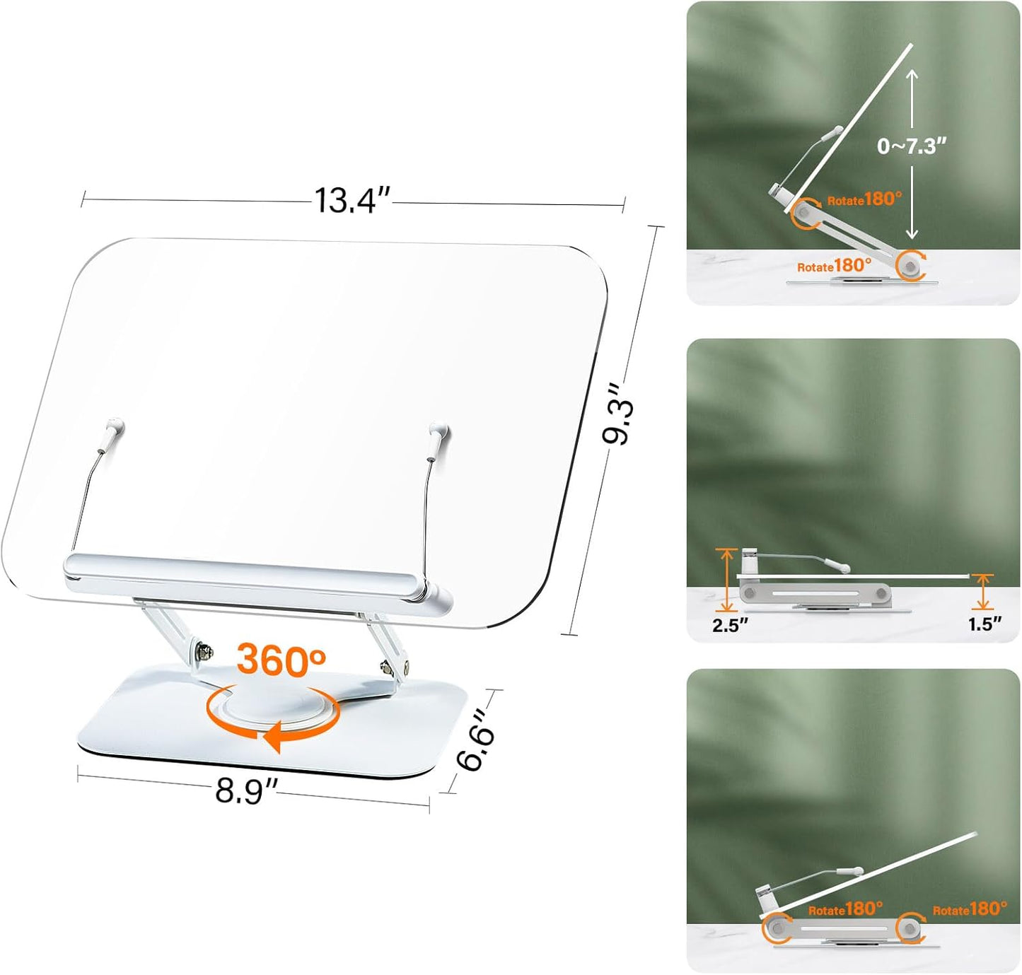 BYMECOST Acrylic Book Stand for Reading, Adjustable Book Holder with 360° Rotating Base & Elastic Page Clips, Foldable Desktop Riser Stand for Cookbook,Laptop,Tablet,Music Scores,Recipe,Textbook