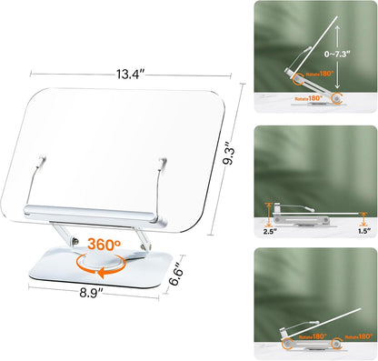 BYMECOST Acrylic Book Stand for Reading, Adjustable Book Holder with 360° Rotating Base & Elastic Page Clips, Foldable Desktop Riser Stand for Cookbook,Laptop,Tablet,Music Scores,Recipe,Textbook