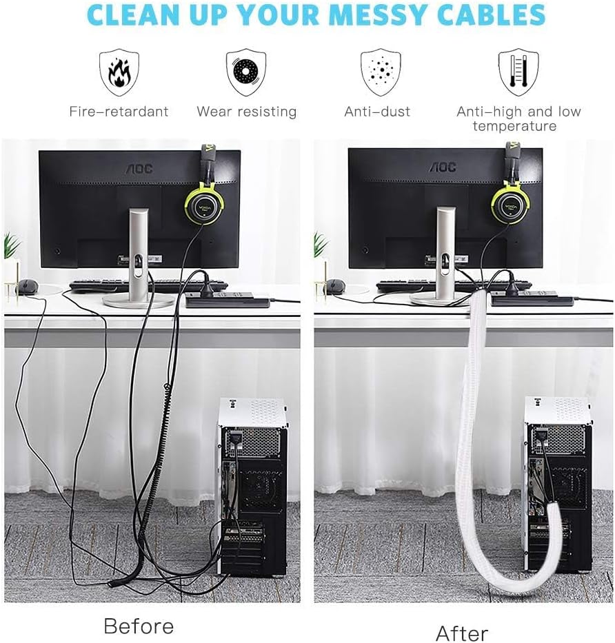 AGPTEK White Cable Sleeve, 2 Pack 5ft - 1.2 Inch Cable Management, Desk Cord Cover Organizer Wire Hider for Computer TV Wire Loom Tubing, Pet Proof Cord Protector from Cat Dog Chewing, White