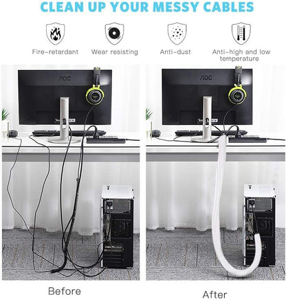 AGPTEK White Cable Sleeve, 2 Pack 5ft - 1.2 Inch Cable Management, Desk Cord Cover Organizer Wire Hider for Computer TV Wire Loom Tubing, Pet Proof Cord Protector from Cat Dog Chewing, White