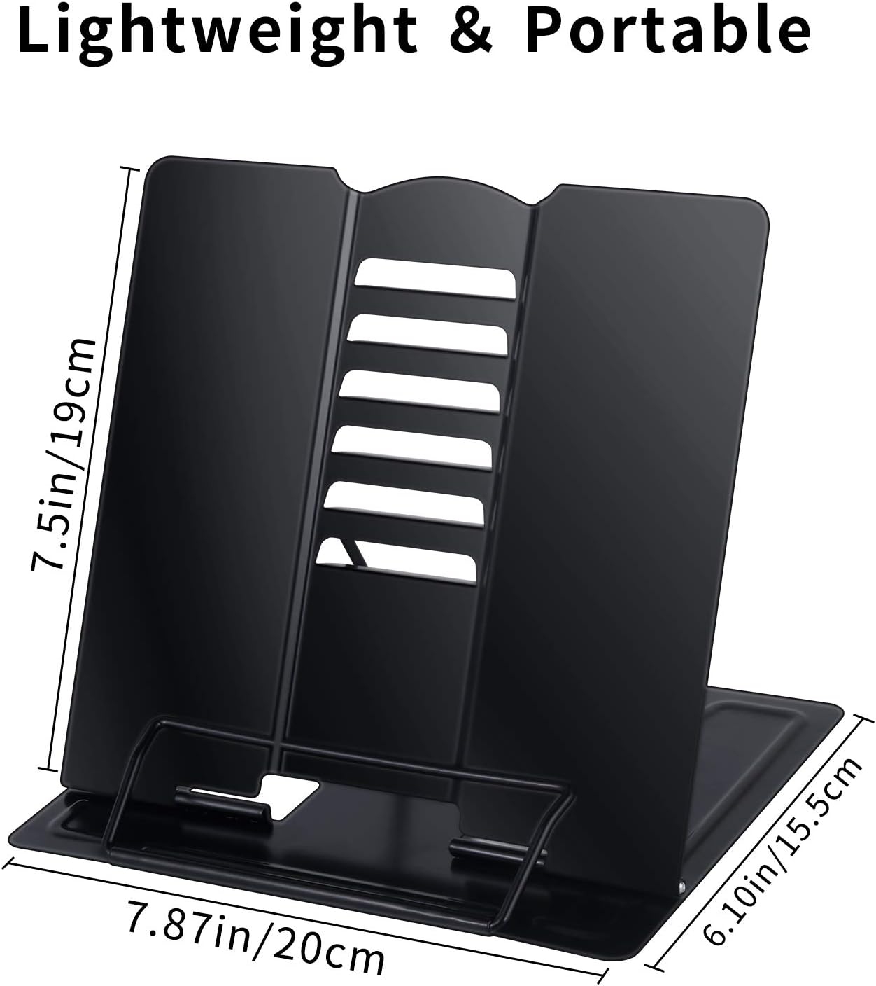 Blizzow Desk Book Stand Holder - Hands Free, Adjustable Metal Stand, Foldable Portable for Cookbook, Recipe, Tablet, Music, Documents (Black)