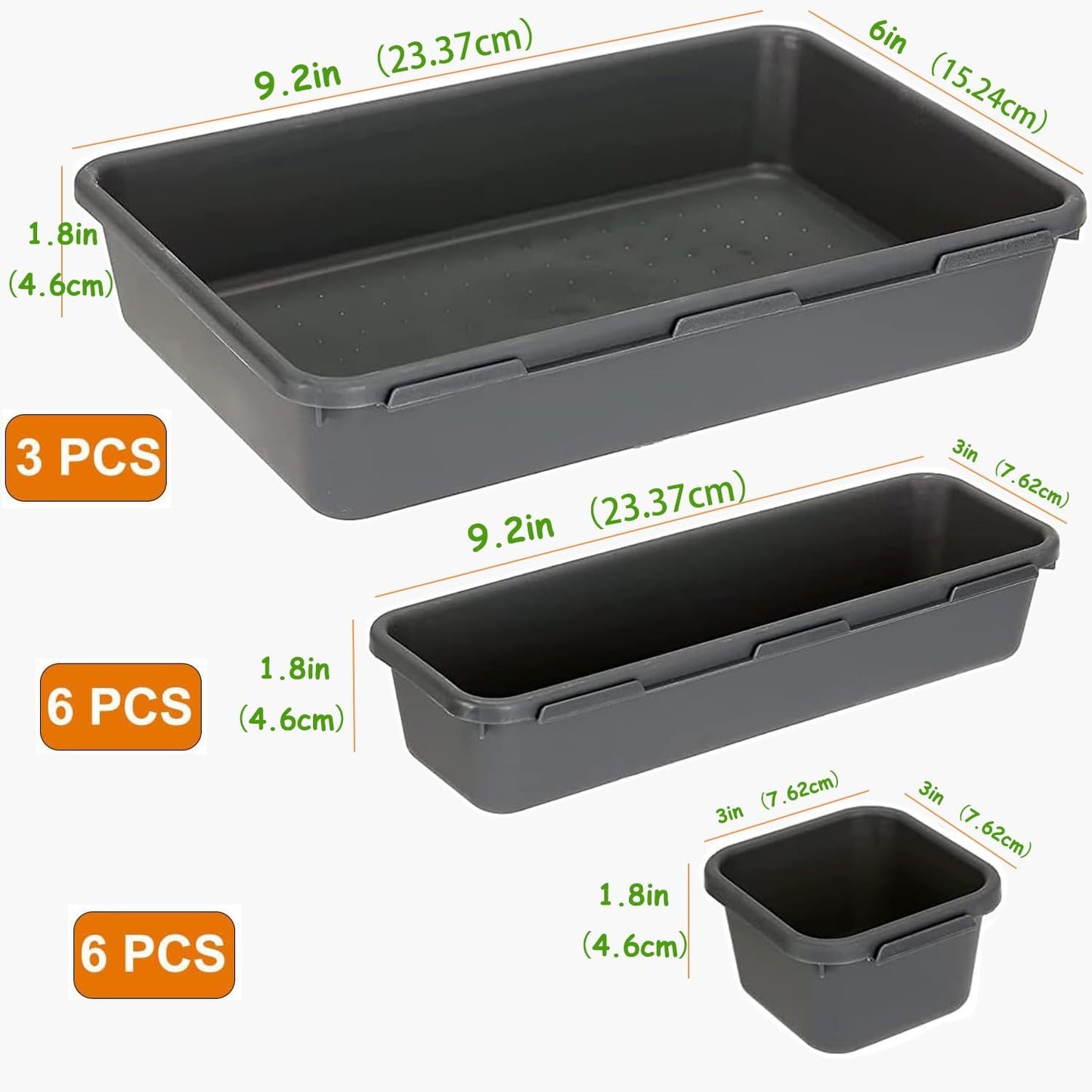Kutesna 15 Piece Drawer Organizer Set, 3 Size Interlocking Plastic Storage Bins for Office Supplies, Jewelry Makeup Vanity, Bathroom Kitchen, Home Organization Closet, Gadgets Small Items, Black