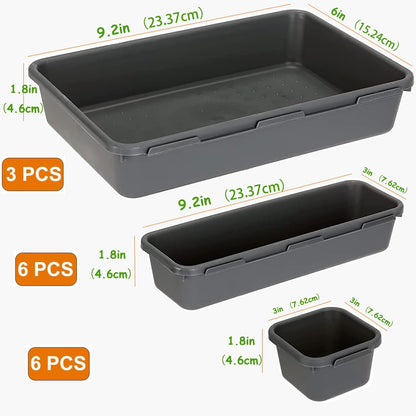 Kutesna 15 Piece Drawer Organizer Set, 3 Size Interlocking Plastic Storage Bins for Office Supplies, Jewelry Makeup Vanity, Bathroom Kitchen, Home Organization Closet, Gadgets Small Items, Black