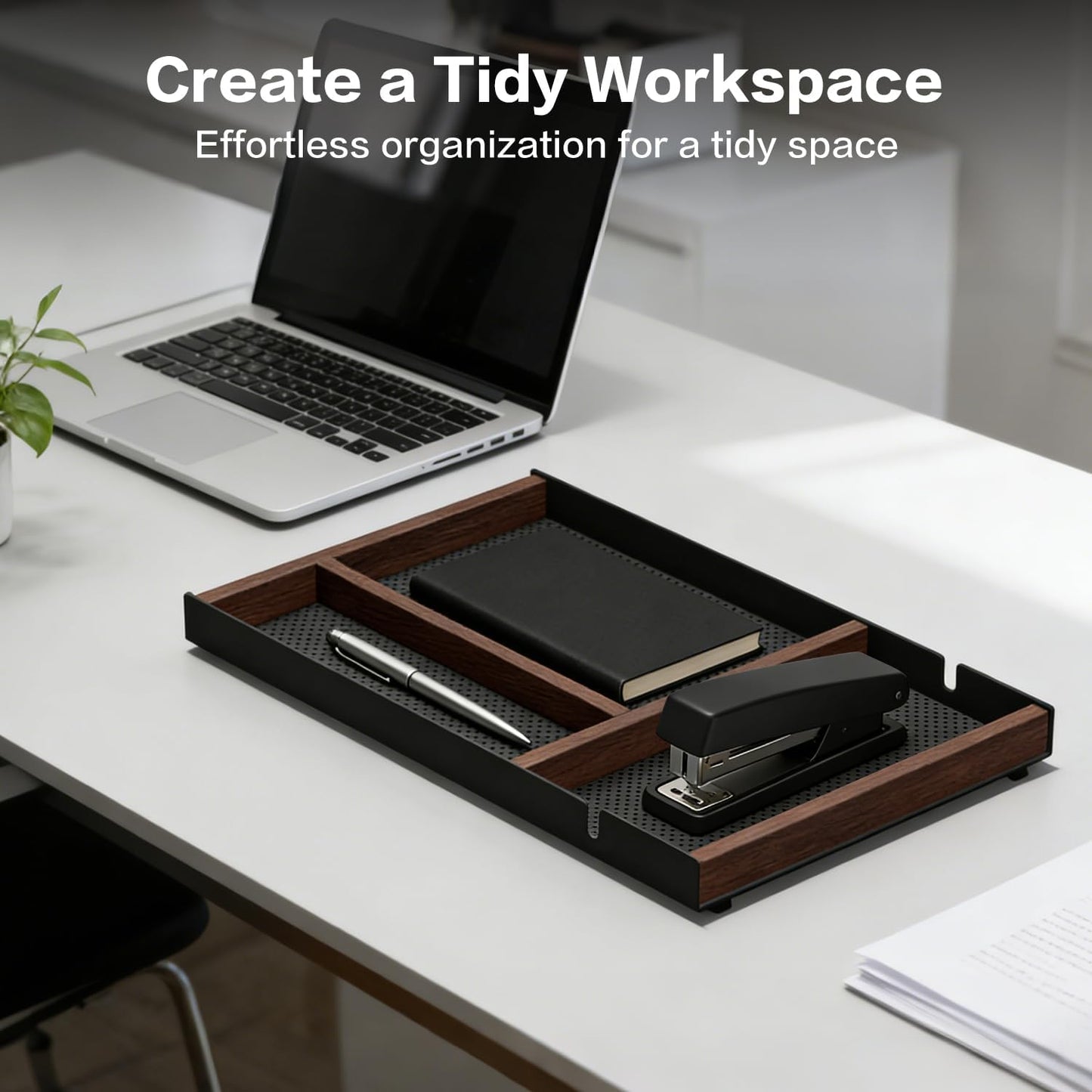 Desk Drawer Organizer Tray With Removable Magnetic Wooden Strip,Freely Adjustable Space,Made of Aluminum and Walnut,Valet Tray for Mens,Desk Accessories for Office/Home/Nightstand