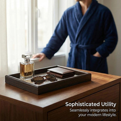 Zosenley Wooden Valet Tray with Leather Base - Nightstand Catchall Organizer for Cologne, Perfume, Keys, Wallet, Phone, Watch, Jewelry & Sunglasses (Black)
