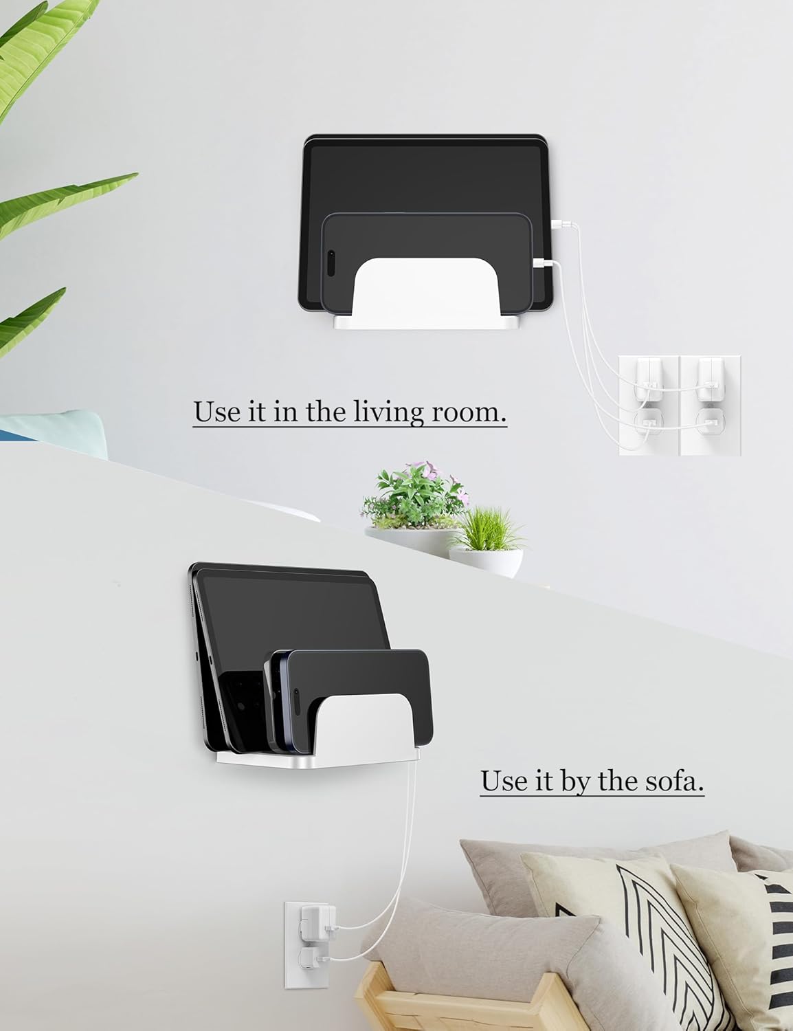 Wall Mount Phone Holder for Smartphones and Tablets, Phone Shelf with 4-Slot Docking Station Compatible with Tablet, ipad, Kindle Wall Charging Organizer (Black)