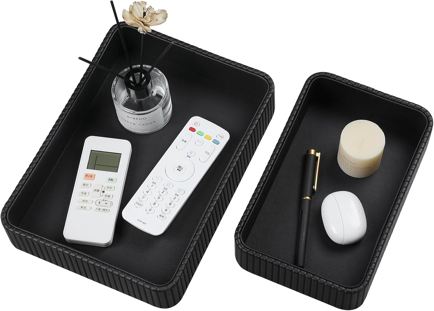 Desk Organizer Tray, PU Leather Nightstand Organizer Perfume Valet Tray for Men Women, Decorative Vanity Trays Trinket Dish Key Bowl for Entryway Table (2pcs, Ivory, Large+Small)