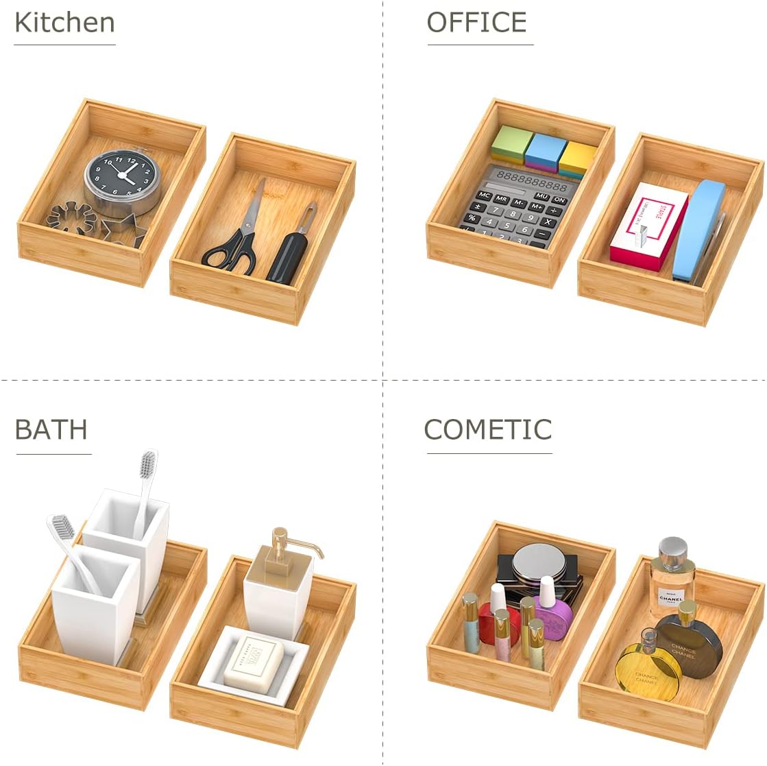 Bamboo Kitchen Drawer Organizer,Stackable Silverware Tray Utensil Organizer Cutlery Holder for Kitchen,Wooden Storage Box for Bathroom, Multi-Use Drawer Organizer for Office,Makeup(12x6x2.5 inch）