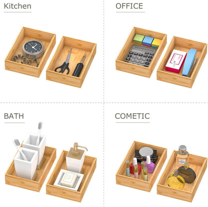 Bamboo Kitchen Drawer Organizer,Stackable Silverware Tray Utensil Organizer Cutlery Holder for Kitchen,Wooden Storage Box for Bathroom, Multi-Use Drawer Organizer for Office,Makeup(12x6x2.5 inch）