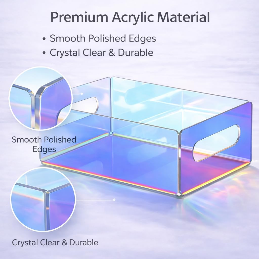 Iridescent Acrylic Square Tray Letter Organizer,Clear Lucite Acrylic Desk Paper Tray for Files Documents Notebooks,StackableTransparent Catch All Tray for Office or Coffee Table (8.66 x 6.5 x 3.35 in)
