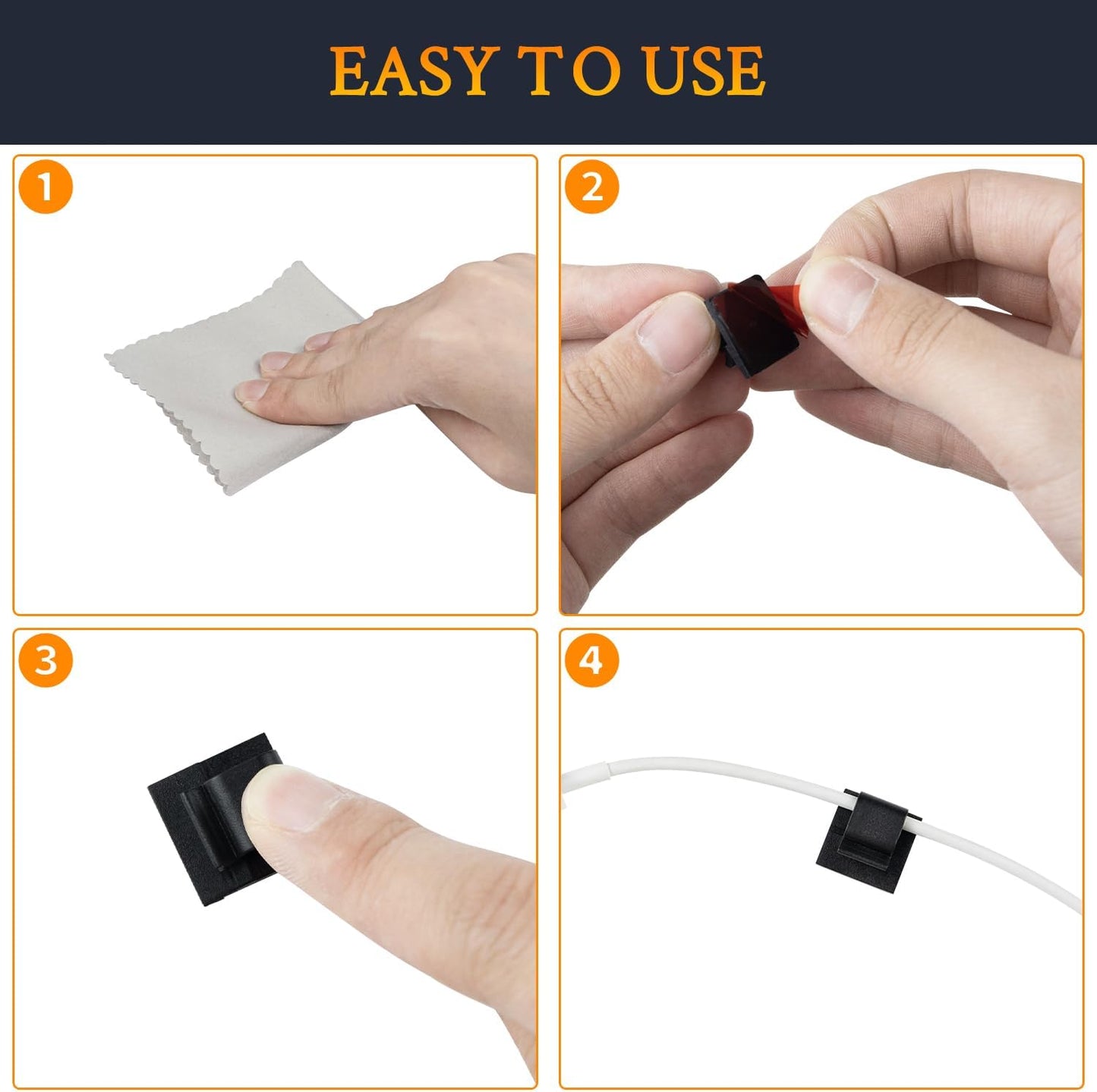 SOULWIT 50 Pcs Self Adhesive Cable Management Clips, Cable Organizers Sticky Wire Clips Cord Holder for TV PC Laptop Ethernet Cable Desktop Home Office (Black)