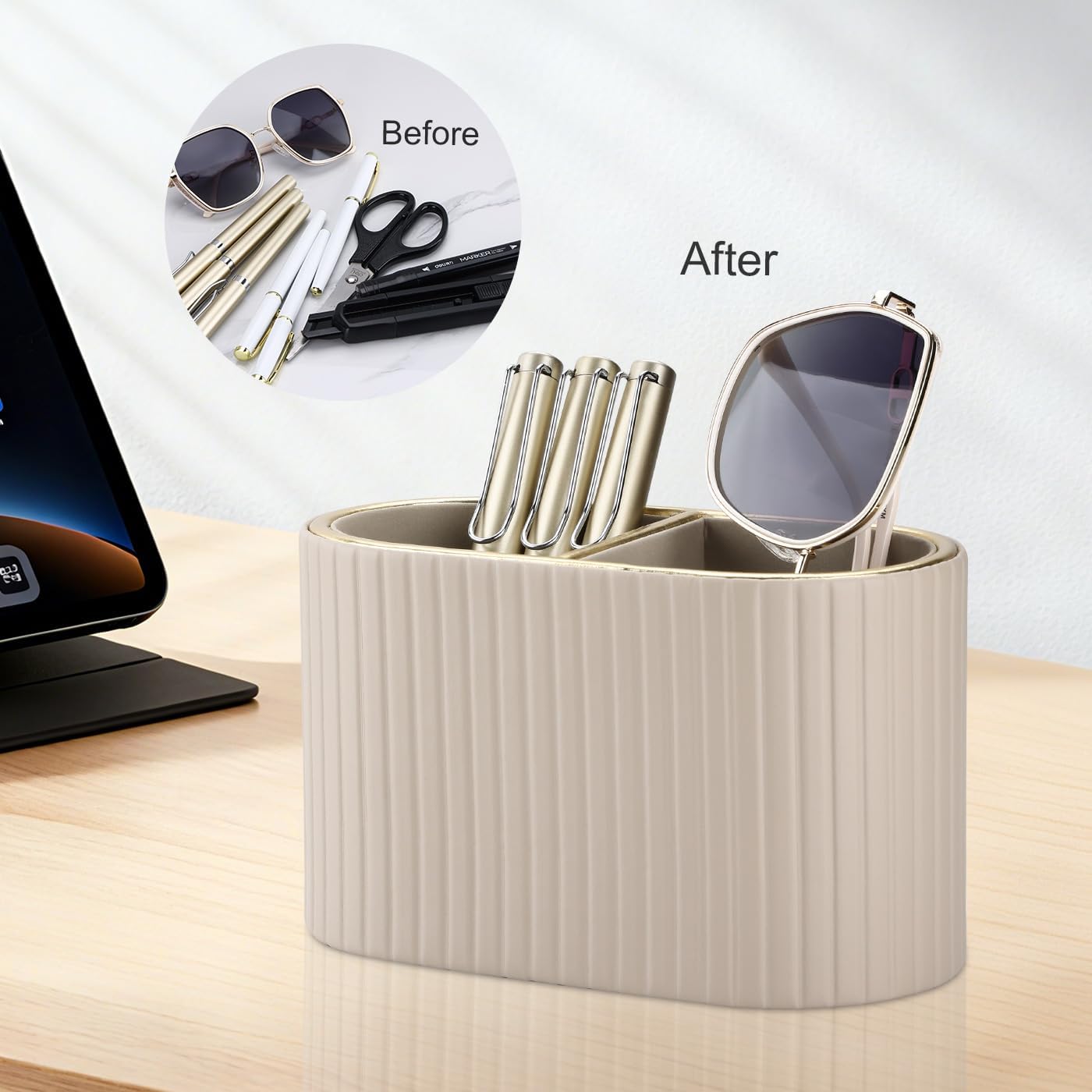 KINGFOM PU Leather Desk Organizer Pen Holder – Dual-Compartment Stylish Pencil Cup Remote Control Holder Desktop Supplies and Accessories Organizer Caddy for Office Home School (Light Beige)