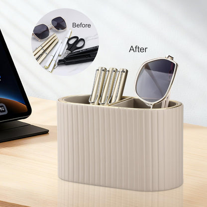 KINGFOM PU Leather Desk Organizer Pen Holder – Dual-Compartment Stylish Pencil Cup Remote Control Holder Desktop Supplies and Accessories Organizer Caddy for Office Home School (Light Beige)