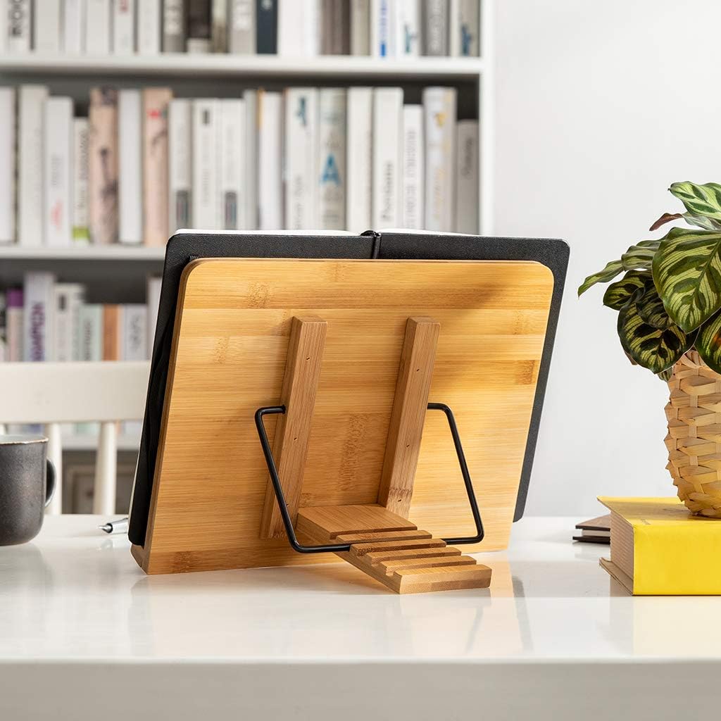wishacc Bamboo Book Stand, Adjustable Book Holder Tray and Page Paper Clips-Cookbook Reading Desk Portable Stable Hard-Wearing Lightweight Bookstand-Textbooks Books