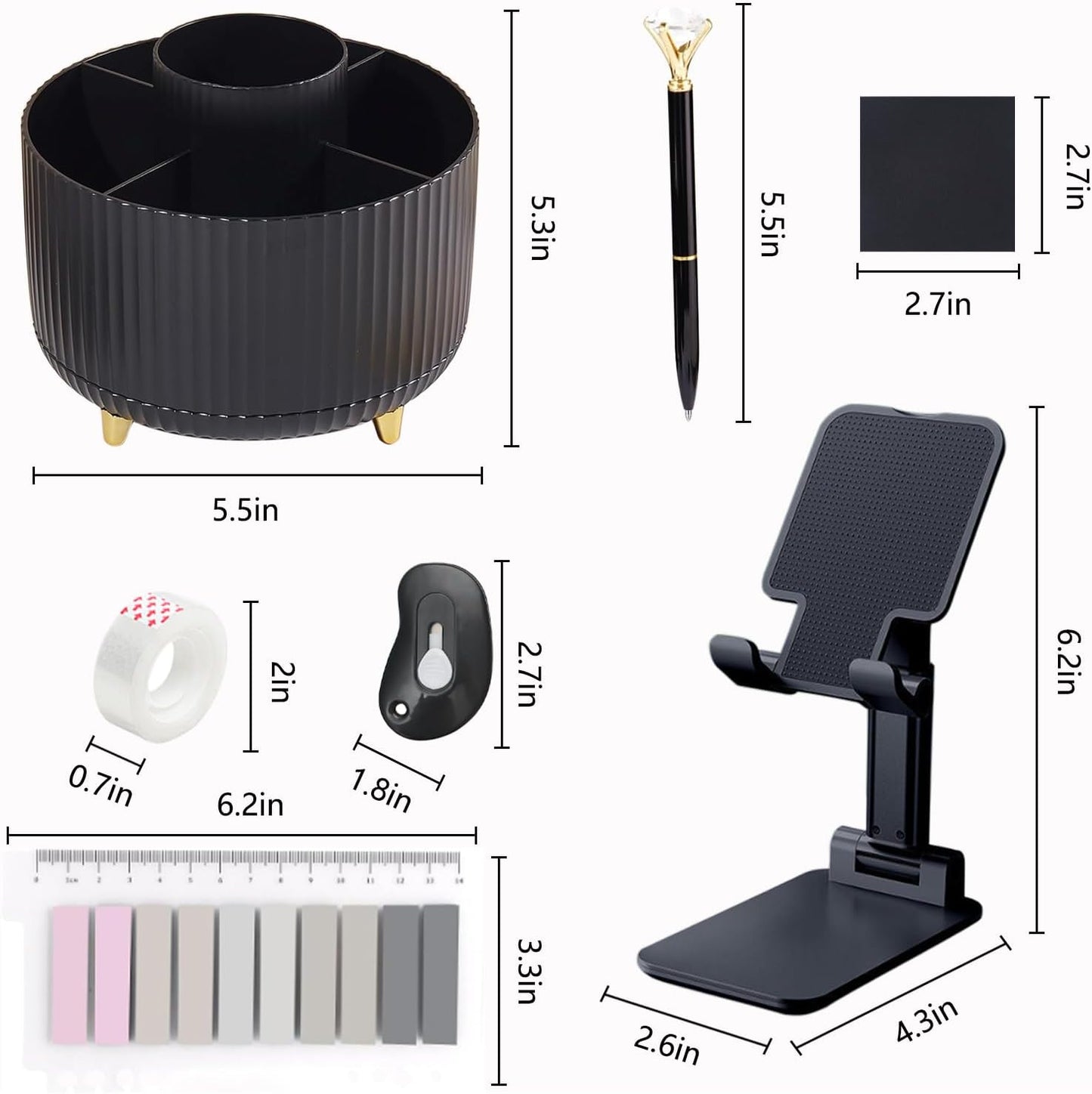 suniya Office Supplies,Gold Desk Accessories,with Stapler,Tape Dispenser,Pen Holder,Scissors,Phone Stand,Staple Remover,Ballpoint Pen,Clear Tape, Staples,Ruler,Clips,Best Gift for Business or Boss