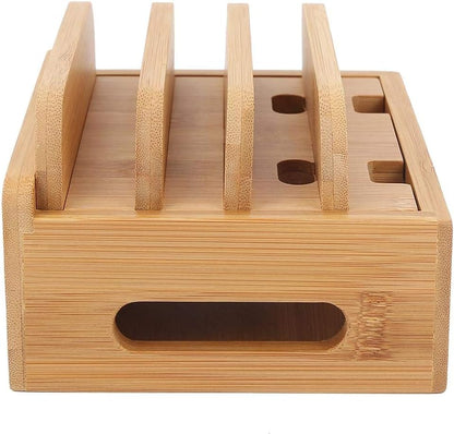 Oumefar Bamboo Multi-Device Stand Holder Charging Station Phone Tablet Charger Organizer 4 in 1 Charging Station for Multiple Devices for Meeting Rooms Restaurants Hotels and Homes