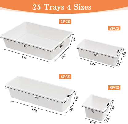 SpaceHacks 25 PCS Plastic Drawer Organizer Set, 4-Size Versatile Organizer Tool Trays & storage Bins for Makeup, Jewelry, and Gadgets in Bathroom, Bedroom and Office,Clear Black