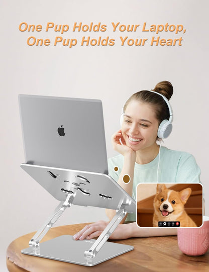 Aoviho Laptop Stand for Desk-Adjustable, Foldable, Portable, Ergonomic Aluminum Notebook Riser with Unique Puppy Cooling Vent, Desk Gift for 10"-17.3" Devices Mac, Dell, HP, Lenovo, Samsung, Gray