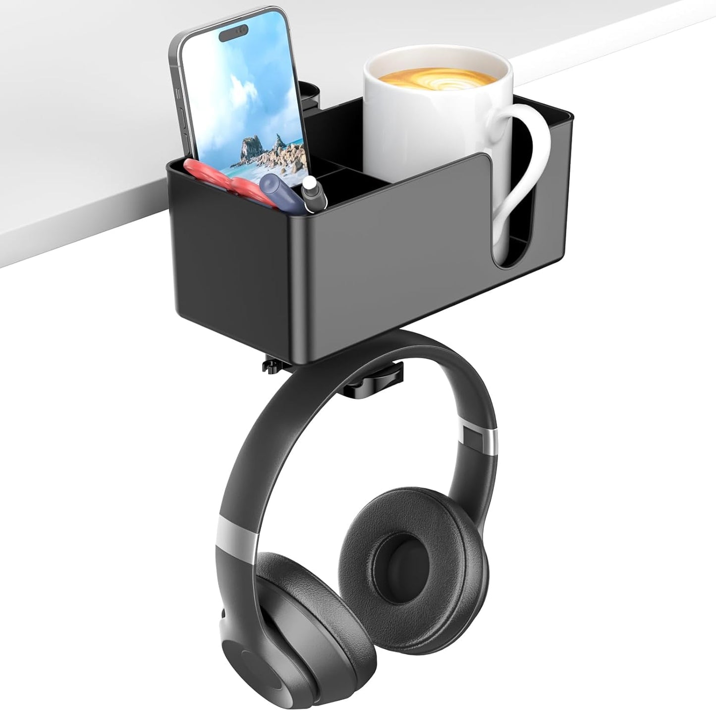 KDD 4-in-1 Desk Organizer - Under Desk Cup Holder and Headphone Hanger with 2 Wire Holes - Rotating Hanger and Detachable Storage for Cup, Phone and Pen (White)