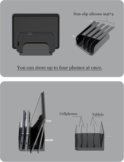 Wall Mount Phone Holder for Smartphones and Tablets, Phone Shelf with 4-Slot Docking Station Compatible with Tablet, ipad, Kindle Wall Charging Organizer (Black)
