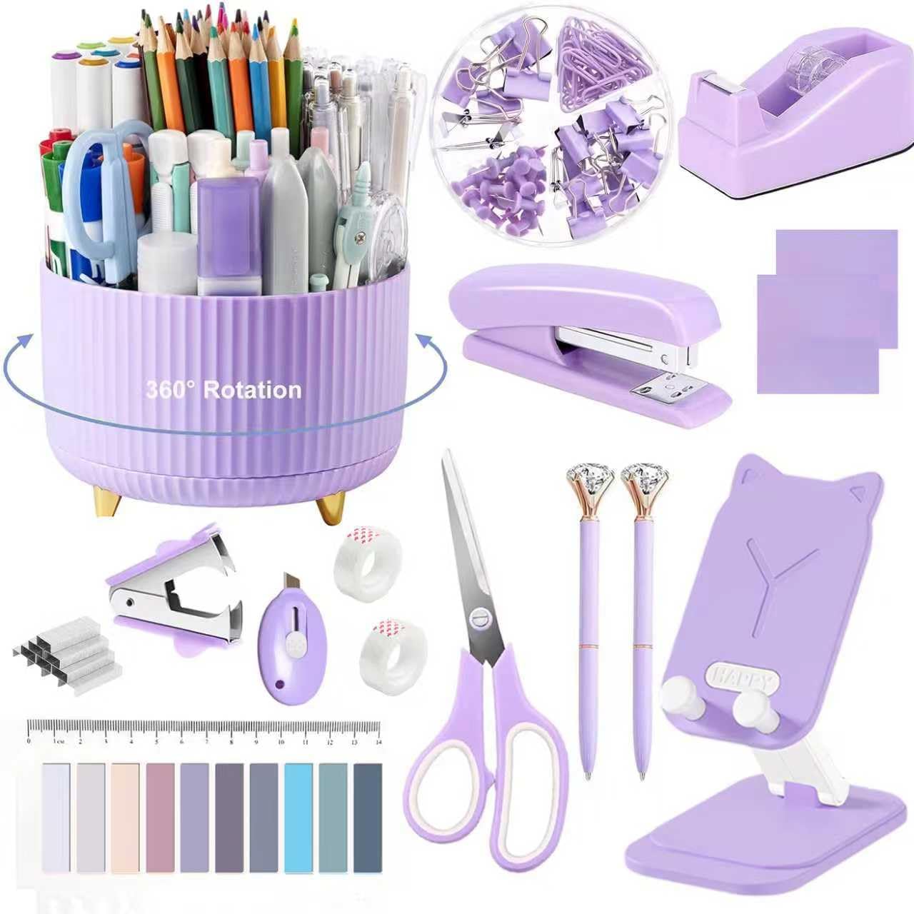 suniya Office Supplies,Gold Desk Accessories,with Stapler,Tape Dispenser,Pen Holder,Scissors,Phone Stand,Staple Remover,Ballpoint Pen,Clear Tape, Staples,Ruler,Clips,Best Gift for Business or Boss