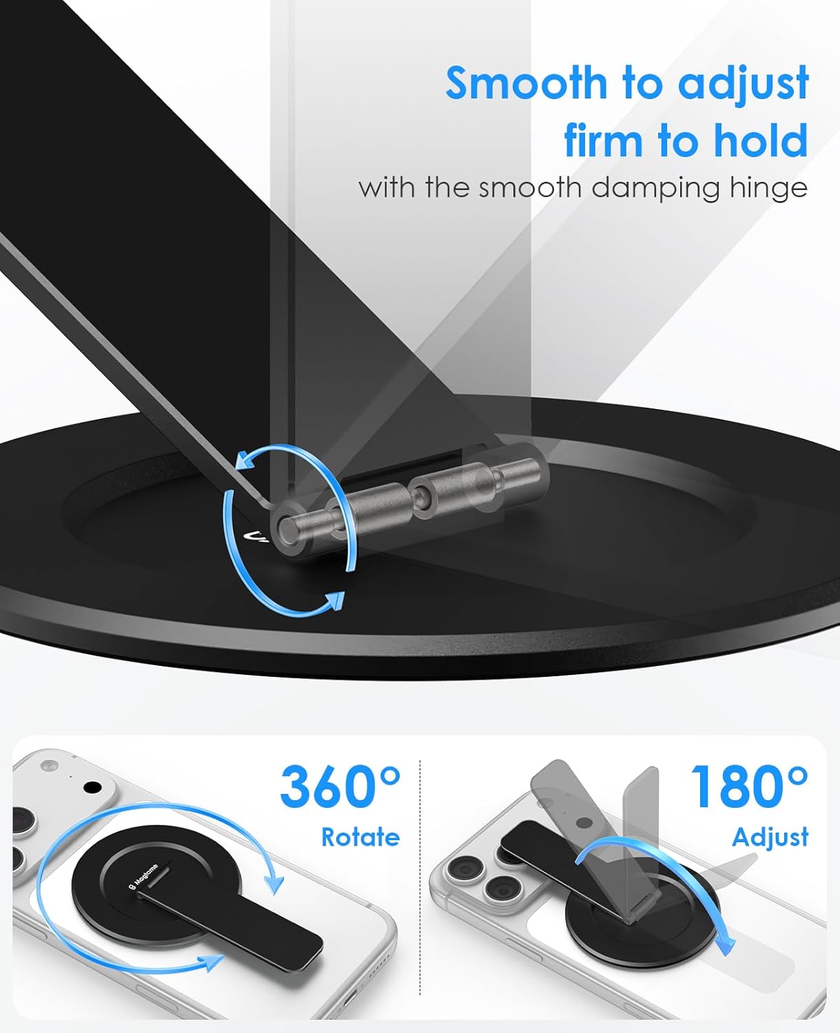 Magtame Double-Sided Magnetic Phone Stand Grip, Strong Magnetic Kickstand Desk Holder for Mag&Safe and Smartphone, Foldable Adjustable Design, Silver