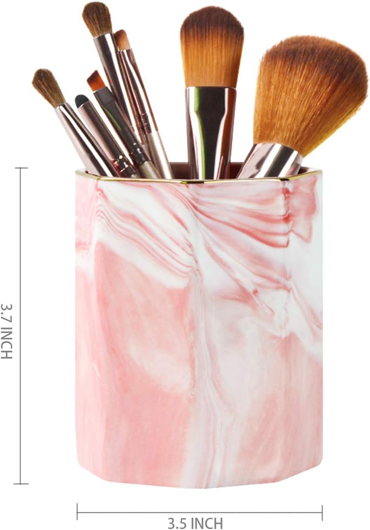 WAVEYU Ceramic Pen Holder for Desk Cute, Pencil Cup Pot Desk Organizer, Makeup Brush Holder for Women, Men, Kids, Desk Marble Decor for Office, Classroom, Home, Gray Golden