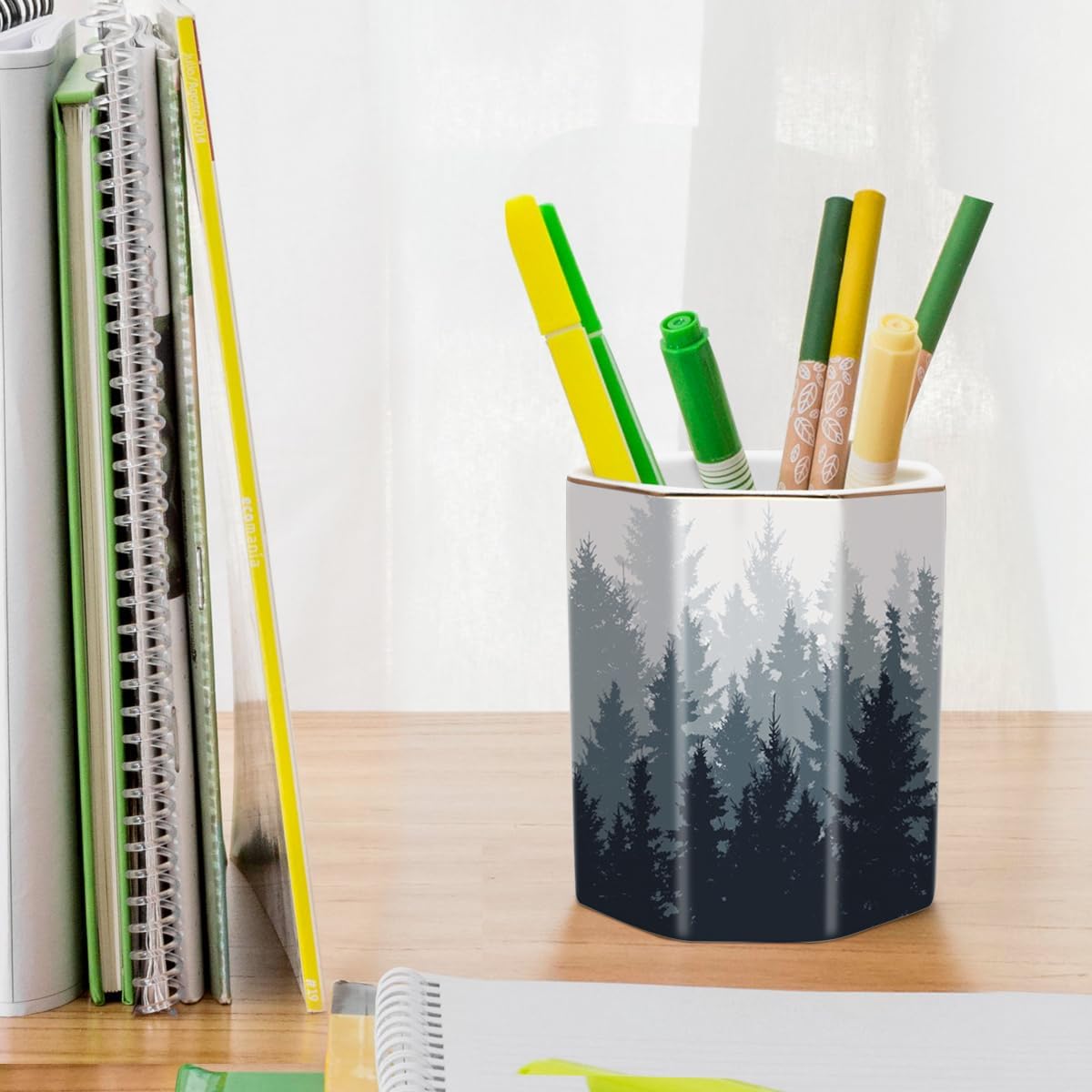 WAVEYU Ceramic Pen Holder for Desk Cute, Pencil Cup Pot Desk Organizer, Makeup Brush Holder for Women, Men, Kids, Desk Marble Decor for Office, Classroom, Home, Gray Golden