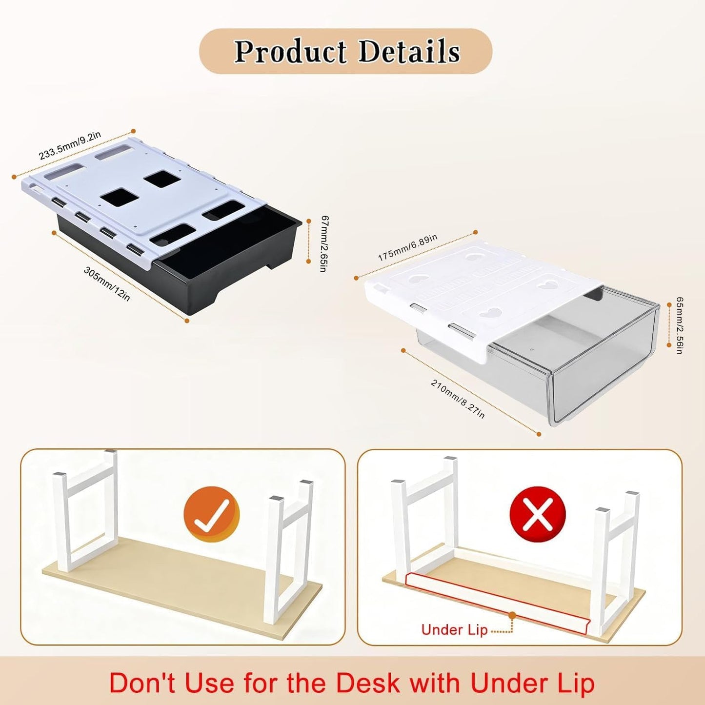 Upgraded Super Capacity 11.85 "x 8.9" Under Desk Drawer Hidden Strorage Drawer Self-Adhesive Slide Out with Smooth Gliding Motion - Attachable & Space-Saving Under Desk Organizer with Screw Kit, Black