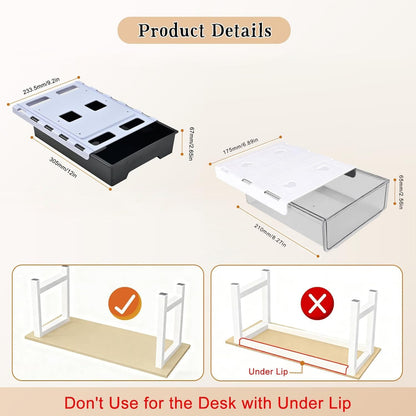 Upgraded Super Capacity 11.85 "x 8.9" Under Desk Drawer Hidden Strorage Drawer Self-Adhesive Slide Out with Smooth Gliding Motion - Attachable & Space-Saving Under Desk Organizer with Screw Kit, Black