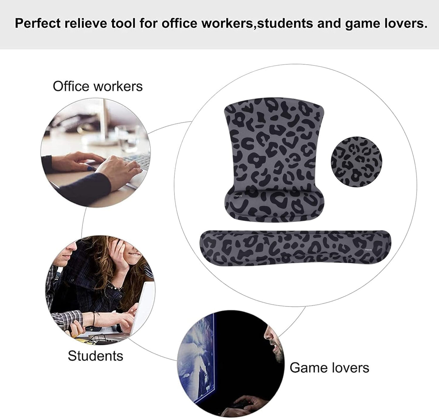 MOSISO Wrist Rest Support for Mouse Pad&Keyboard Set, Leopard Grain Ergonomic Mousepad&Coaster Non-Slip Base Home/Office Pain Relief&Easy Typing Cushion with Neoprene Cloth&Raised Memory Foam, Black