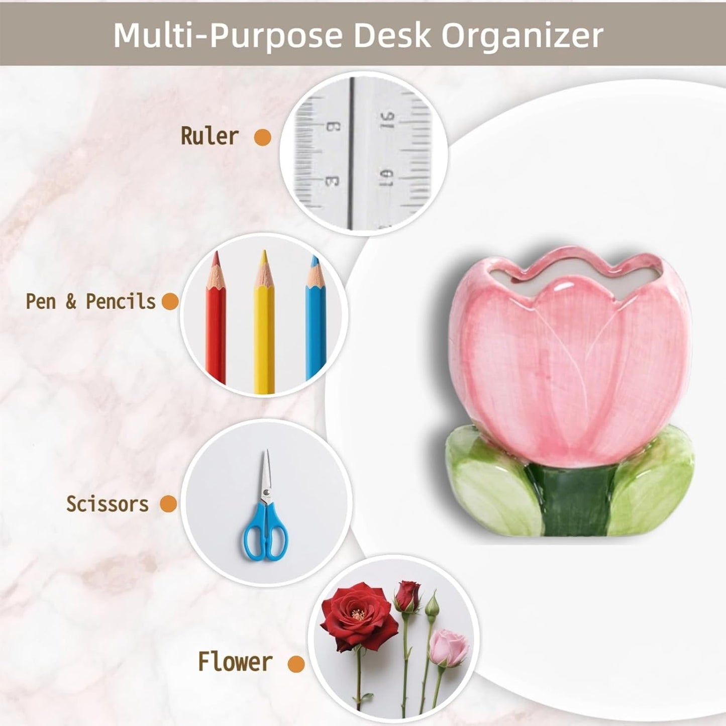Pink Pencil Holder,Ceramic Tulip Pen Holder, Multi-Purpose Makeup Brush, Aesthetic Office Vanity Kitchen Desktop Decor,Perfect Birthday Christmas Gift for Women Girls