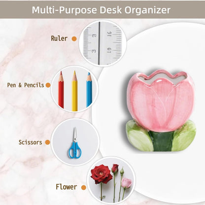 Pink Pencil Holder,Ceramic Tulip Pen Holder, Multi-Purpose Makeup Brush, Aesthetic Office Vanity Kitchen Desktop Decor,Perfect Birthday Christmas Gift for Women Girls