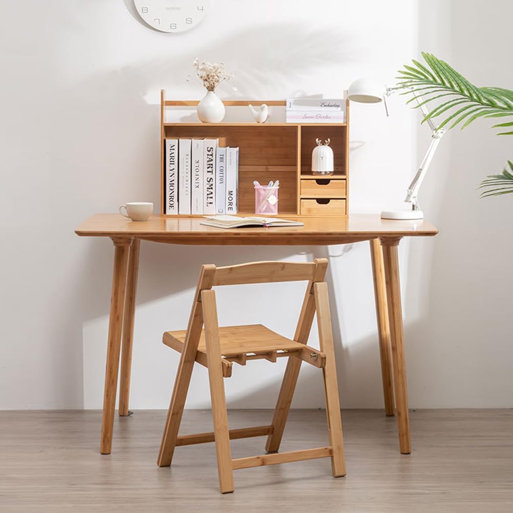 Bamboo Desktop Bookshelf – Small Bookshelf for Desk with Drawers, Double Layer Display Shelf & Desk Hutch Organizer for Office, Dorm & Computer Desk (22.8"x7.5"x18.1")